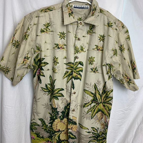 Presence Hawaiian Shirt Sz M Palm Hibiscus Cotton - Picture 2 of 8